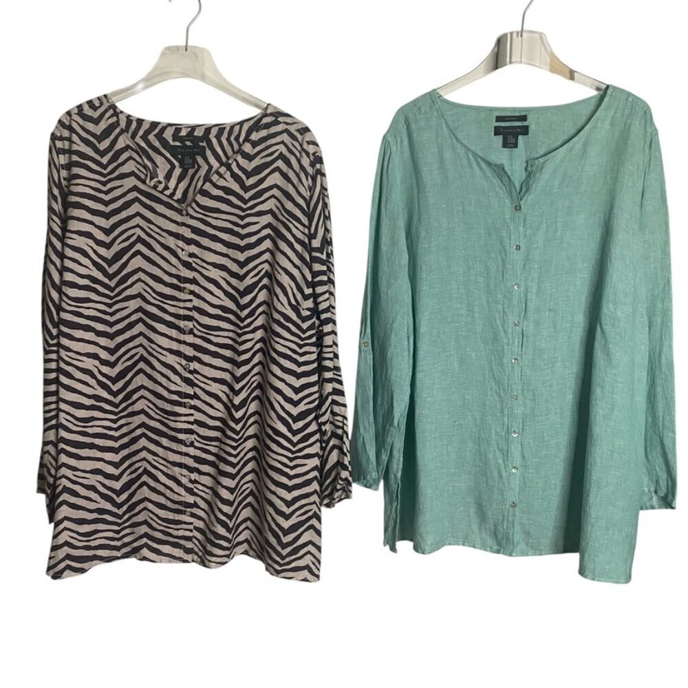 (2) Tahari linen tunic blouses 3X green brown stripe - Picture 2 of 12